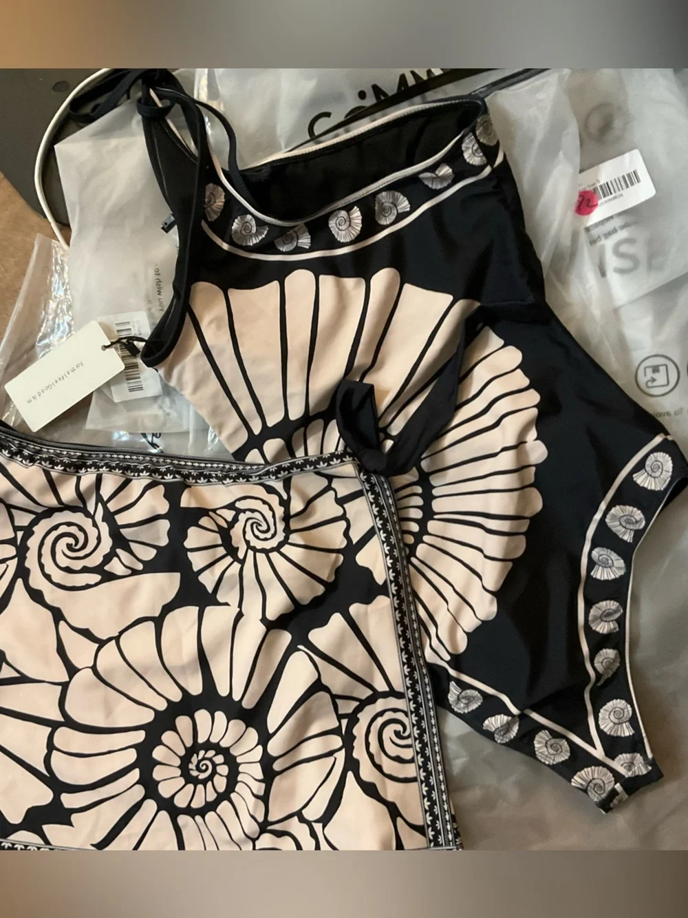 Commense black and Cream Nautilus One-Shoulder Skirted Swim Set